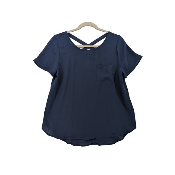 Lily White Draped Blouse Medium Navy Caged Back Chest Pocket Rounded Neck‎ Top - Picture 9 of 10